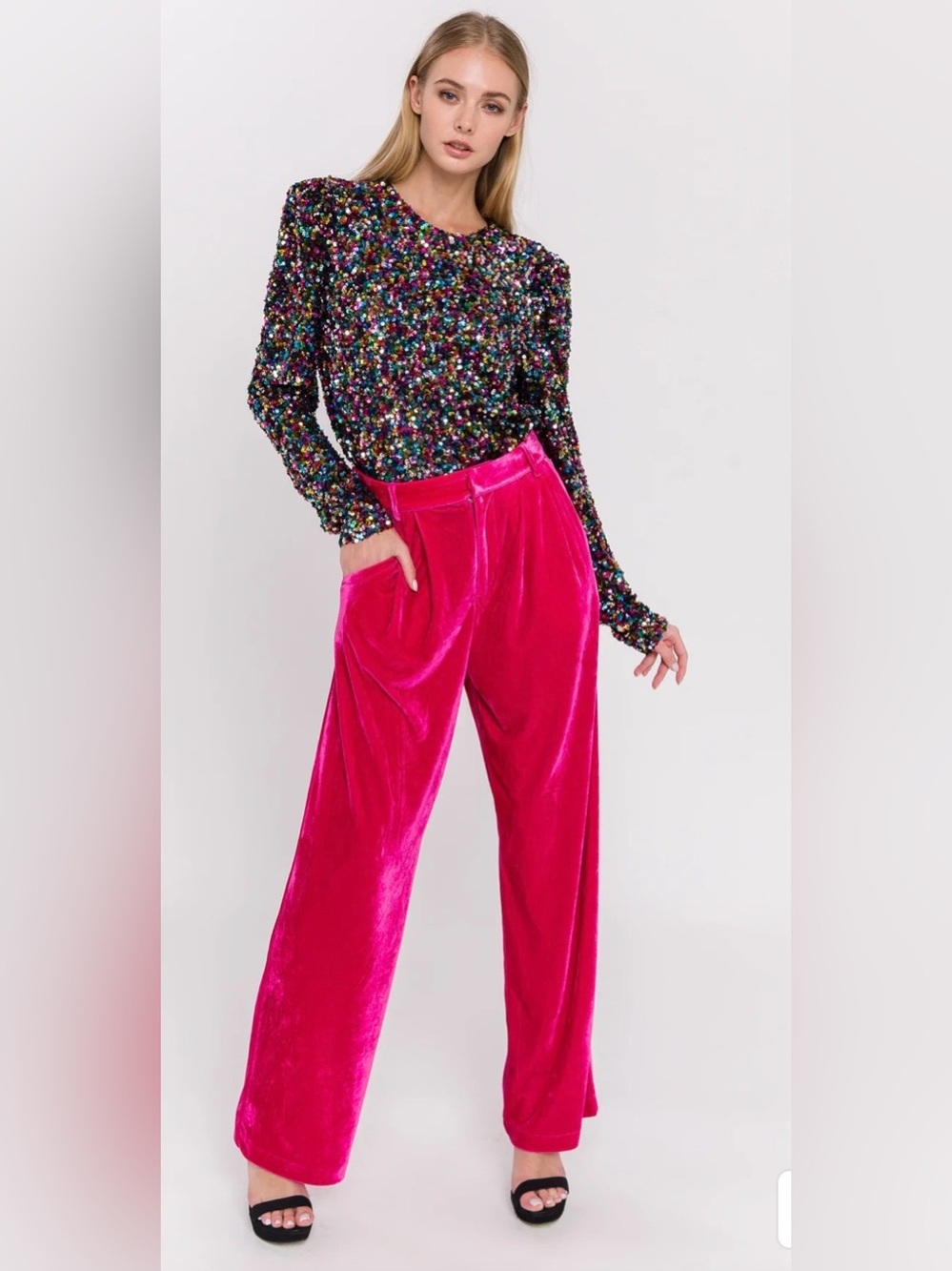 entro Fushia Pink Velvet Wide-Leg Trousers